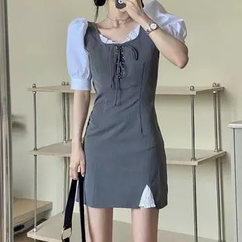 Женское платье с поддельными двумя рукавами-фонариками, летнее платье на шнуровке Advanced Sense French Slimming с разрезом S серый