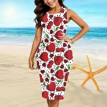 Женское платье с подтяжками, летнее красное платье с вишневым принтом, облегающий облегающий крой без рукавов, сексуальный и модный топ XS красный