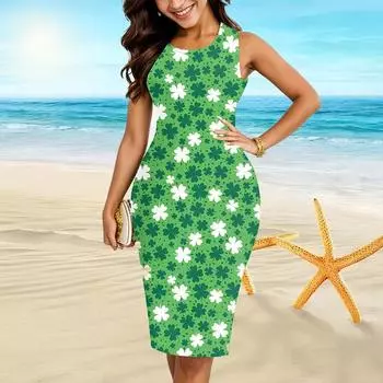 Женское платье с подтяжками, летнее платье с принтом клевера, облегающий облегающий крой без рукавов, сексуальный и модный топ XS зелёный