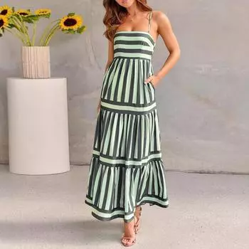 Женское платье с полосатым принтом и подтяжками, открытой спиной и карманами для женщин S зелёный
