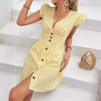 Женское платье с полосатым принтом, летнее короткое платье А-силуэта с пуговицами спереди, оборками, рукавами-крылышками и V-образным вырезом, мини-платье для вечеринки M жёлтый