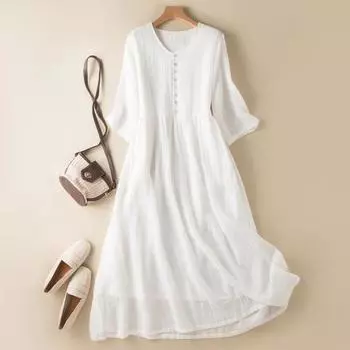 Женское платье с половиной рукавов, V-образным вырезом, трапециевидной формы, свободный подол, сплошной цвет, декор на пуговицах, двойные слои, плиссированные M зелёный