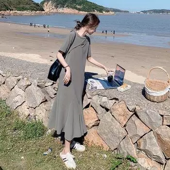 Женское платье с поперечным вырезом, круглым вырезом, свободной плиссированной юбкой, модное платье для поездок на работу в армейском сером цвете S