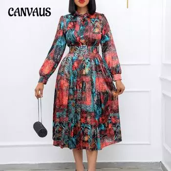 Женское платье с поясом Весенние и осенние вечерние платья больших размеров с длинными рукавами и высокой талией с принтом S красный