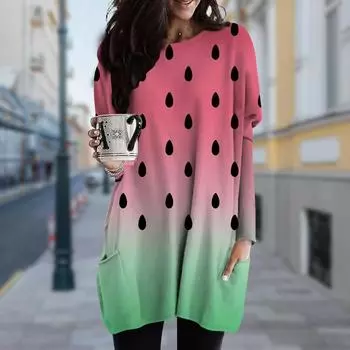 Женское платье с принтом арбуза и круглым вырезом, весна-осень, платье больших размеров с карманами XS розовый