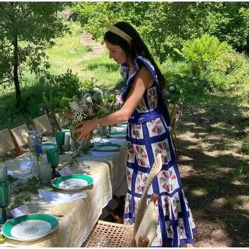 Женское платье с принтом банта на шнуровке, элегантное, с квадратным воротником, рукавами-крылышками и открытой спиной, с оборками, женское макси-платье, летнее женское платье S синий