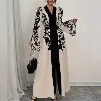 Женское платье с принтом, длинными рукавами, V-образным вырезом и цветовым сочетанием S чёрный