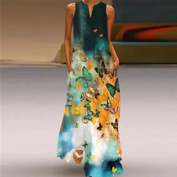 Женское платье с принтом, дышащее, повседневное, без рукавов, длинное платье для пляжа L синий