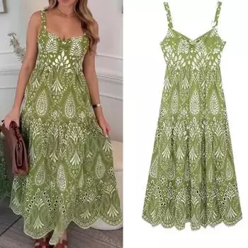 Женское платье с принтом и открытой спиной, элегантное зеленое платье без рукавов с высокой талией, летнее женское пляжное платье XS зелёный
