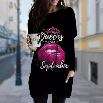 Женское платье с принтом красных губ и круглым вырезом, весна-осень, платье больших размеров с карманами XS фиолетовый