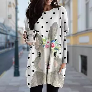 Женское платье с принтом кролика и круглым вырезом, весна-осень, платье больших размеров с карманами XS розовый