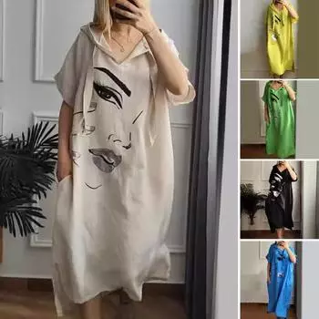 Женское платье с принтом лица, свободный пуловер с капюшоном и шнурком в богемном стиле с короткими рукавами, городской стиль, пуловер с разрезом подол 2XL чёрный