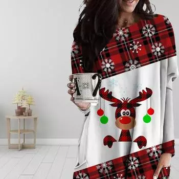 Женское платье с принтом оленя и лосем, с круглым вырезом, весна-осень, платье больших размеров, с карманами XS красный