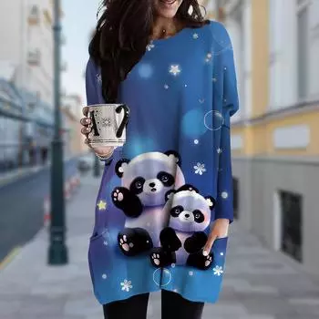 Женское платье с принтом панды и круглым вырезом, весна-осень, платье больших размеров с карманами XS розовый