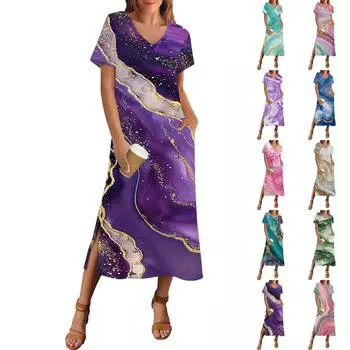 Женское платье с принтом, пляжное платье с коротким рукавом и карманами, повседневное платье с V-образным вырезом и разрезом сбоку XL красный