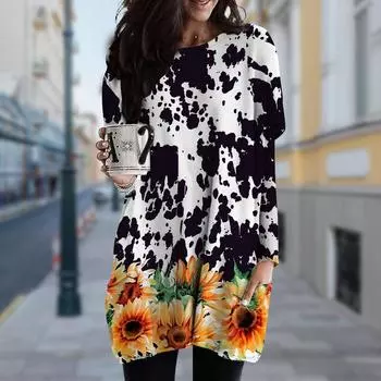 Женское платье с принтом подсолнухов и круглым вырезом, весна-осень, платье больших размеров с карманами XS белый