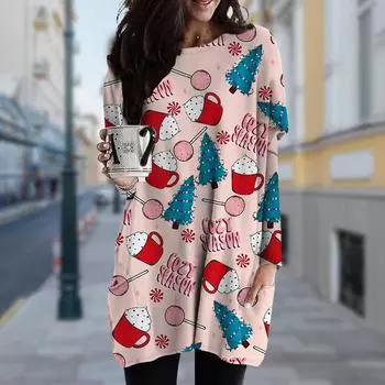Женское платье с принтом рождественских подарков и круглым вырезом, весна-осень, платье больших размеров с карманами XS розовый