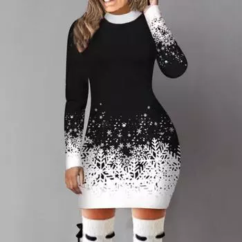 Женское платье с принтом снежинки, градиентного цвета, размера плюс, облегающее платье-футляр, плотное, сексуальное, теплое, с длинными рукавами и круглым вырезом M чёрный