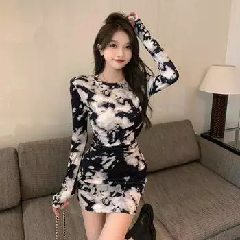 Женское платье с принтом тай-дай, приталенное, с длинными рукавами One Size