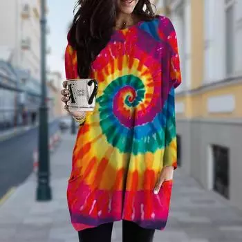 Женское платье с принтом тай-дай и круглым вырезом, весна-осень, платье больших размеров с карманами XS фиолетовый