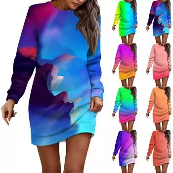 Женское платье с принтом тай-дай, длинными рукавами и запахом на бедрах, платье-толстовка L