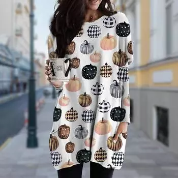 Женское платье с принтом тыквы и круглым вырезом, весна-осень, платье больших размеров, карманное платье XS белый