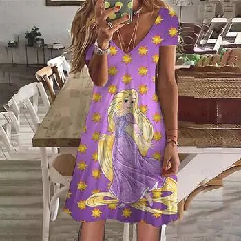 Женское платье с принтом V-образный вырез с короткими рукавами Повседневное платье с рисунком Простая мода Уличный стиль Женская одежда S