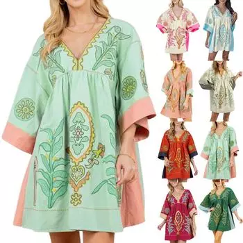 Женское платье с принтом, V-образным вырезом и рукавами 3/4, свободное винтажное платье-бэбидолл с принтом L синий