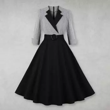 Женское платье с принтом в клетку, с поясом и высокой талией, трапециевидной формы, с большим подолом, в стиле пэчворк, с рукавами три четверти, в тон, на молнии сзади, в стиле ретро, с лацканами, для выпускного вечера, миди-платье S чёрный