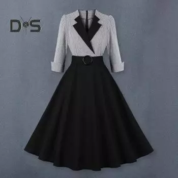 Женское платье с принтом в клетку, поясом, высокой талией, А-силуэта, большим подолом, пэчворк, рукавом три четверти, подходящим по цвету, молнией сзади, ретро-лацканом, выпускное платье миди S чёрный