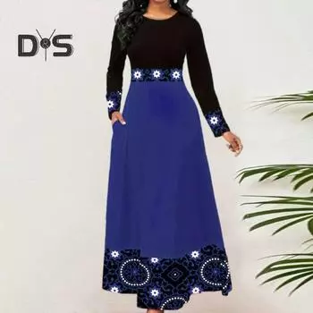 Женское платье с принтом в стиле ретро, круглым вырезом, большим рукавом-качелями, А-силуэта, свободного покроя, облегающего покроя, с высокой талией, в стиле пэчворк, мягкое, длиной до середины голени, повседневное миди-платье для женщин M жёлтый