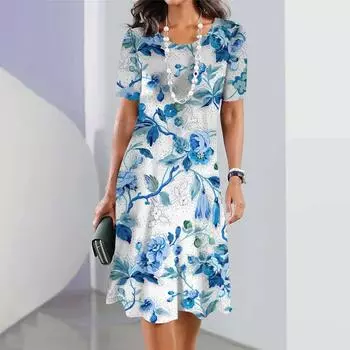 Женское платье с принтом в виде мятых цветов, элегантные платья для женщин, летняя праздничная одежда с коротким рукавом и круглым вырезом, свободная уличная одежда 5XL