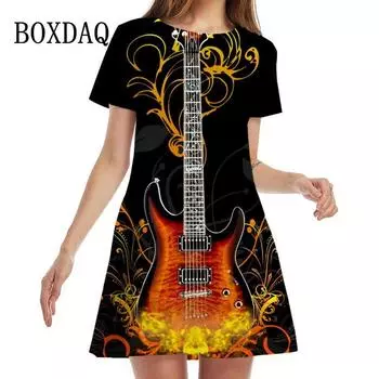 Женское платье с принтом в виде гитары в 3D-стиле, летняя мода, уличный стиль, хип-хоп, рок-музыка, трапециевидное платье, повседневные мини-платья с коротким рукавом для вечеринок S