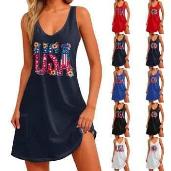 Женское платье с принтом, жилет, юбка с карманами, пляжная юбка, жилет с V-образным вырезом, юбка-жилет, юбка-жилет L синий