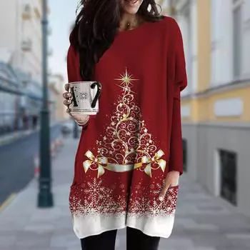 Женское платье с принтом «Золотая рождественская елка» с круглым вырезом, весенне-осеннее платье больших размеров с карманами XS золотой