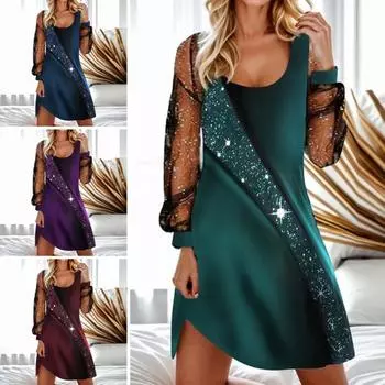 Женское платье с прозрачной сеткой, лоскутным кроем, U-образным вырезом, свободным блестящим пайетками, длинным рукавом, мягким неровным подолом, мини-платье-пуловер M синий