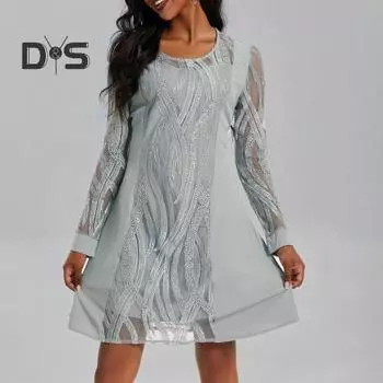 Женское платье с прозрачным кружевом, круглым вырезом, длинным рукавом, прямое, сетчатое, в стиле пэчворк, А-силуэта, для поездок на работу, длиной до колена, для выпускного вечера, весеннее платье миди M серый