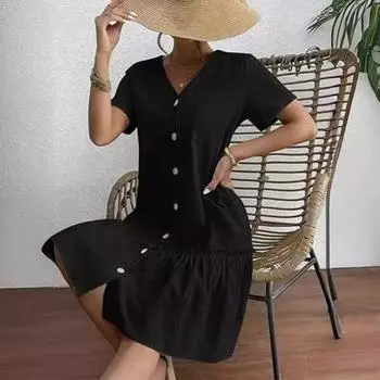 Женское платье с пряжкой, свободное летнее платье, повседневное платье с оборками и короткими рукавами S белый