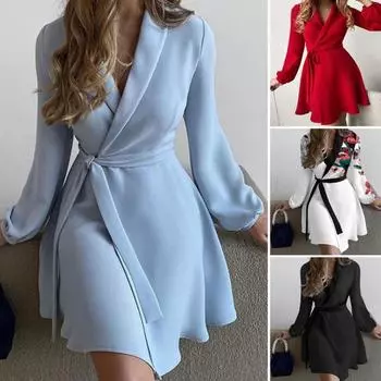 Женское платье с пышными рукавами и длинными рукавами, рабочая одежда выше колена, с лацканами на талии, повязка, тонкое офисное платье, уличная одежда XL белый