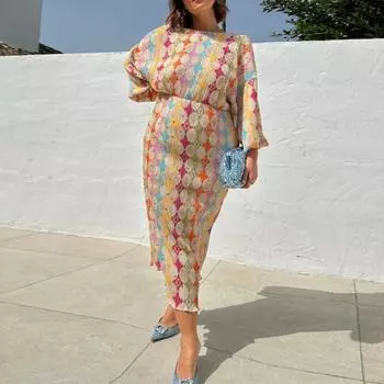 Женское платье с ярким принтом, глубоким V-образным вырезом, длинными рукавами-фонариками, свободная талия, богемный стиль, платье макси для отдыха, шопинга и свиданий 2XL разноцветный