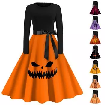 Женское платье с расклешенным принтом на Хэллоуин с длинным рукавом и круглым вырезом, вечерние повседневные платья M имбирный