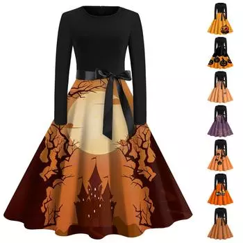 Женское платье с расклешенным принтом на Хэллоуин с длинным рукавом и круглым вырезом, вечерние повседневные платья L