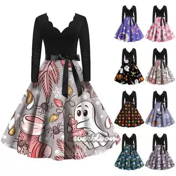 Женское платье с расклешенным принтом на Хэллоуин с длинным рукавом и v-образным вырезом, вечерние повседневные платья L чёрный