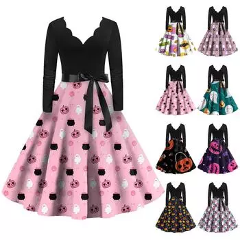 Женское платье с расклешенным принтом на Хэллоуин с длинным рукавом и v-образным вырезом, вечерние повседневные платья S розовый