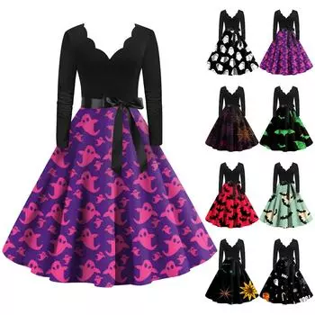 Женское платье с расклешенным принтом на Хэллоуин с длинным рукавом и v-образным вырезом, вечерние повседневные платья L чёрный