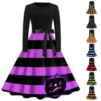 Женское платье с расклешенным принтом на Хэллоуин с длинным рукавом и круглым вырезом, вечерние повседневные платья S