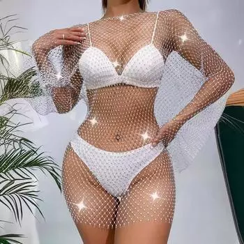 Женское платье с расклешенными рукавами и сетчатым принтом, с круглым вырезом и ромбовидной отделкой, сексуальное полое женское платье XS