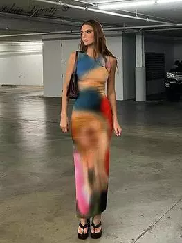 Женское платье с разрезом и принтом Tie Dye, сексуальные узкие макси-платья без рукавов с круглым вырезом, женские летние женские пляжные праздничные платья S