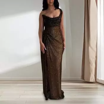 Женское платье с разрезом на одно плечо, тонкая талия, вечернее платье с пайетками, плиссированное, выпускной XL