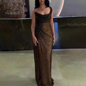Женское платье с разрезом на одно плечо, узкое вечернее платье с пайетками, плиссированное выпускное платье макси с открытой спиной, без рукавов, без воротника, бальное платье M